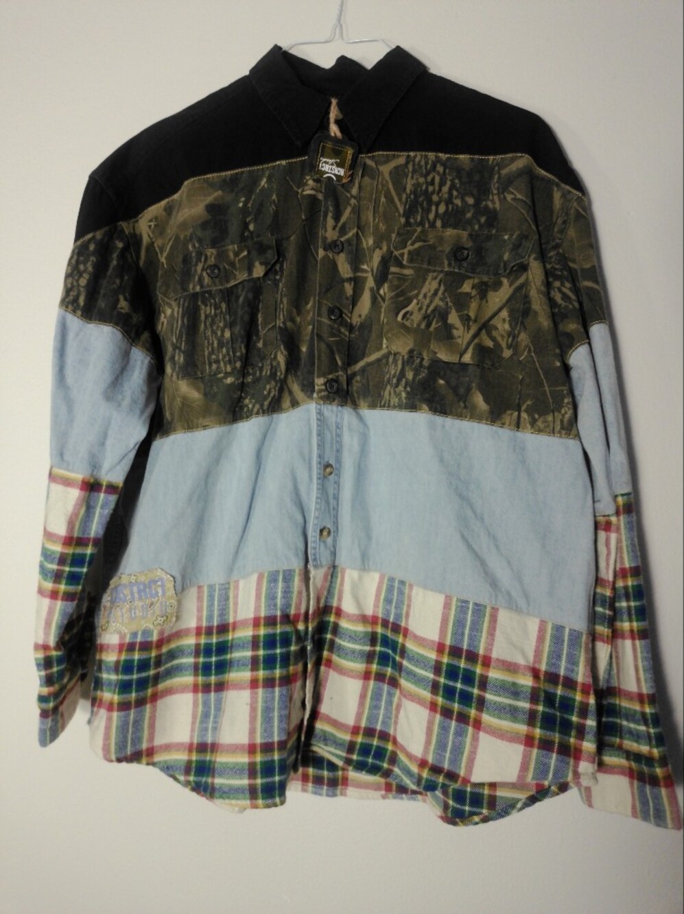 Patchwork Button-Down Casual Shirt - Multicolor (Light Blue, Green, Black)